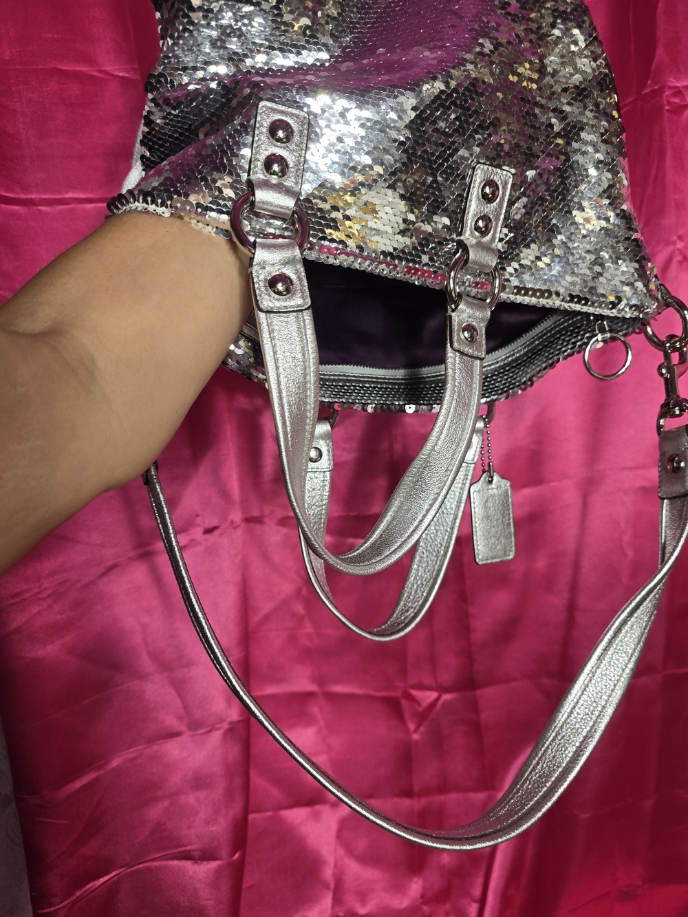 Coach Silver Sequin Shoulder Bag with Metallic Trim Spotlight Poppy Y2k - Picture 9 of 16